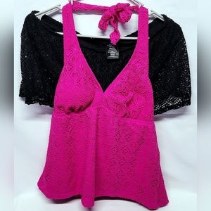 Catalina Women's Crochet Fuchsia, Black Tankini Skirted Swimsuit Size LG (12-14)